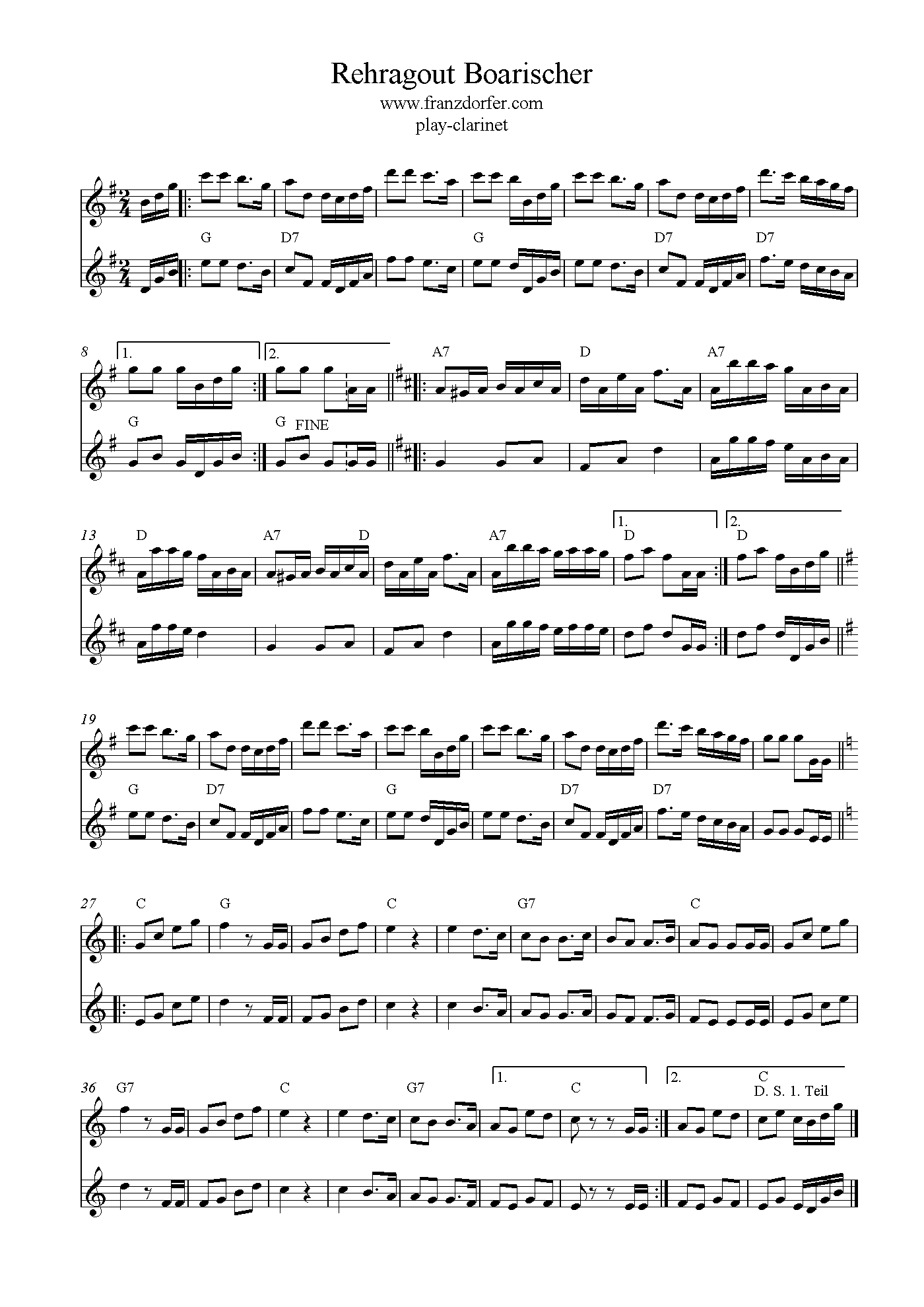 Rehragout Boarischer Noten für 2 Klarinetten